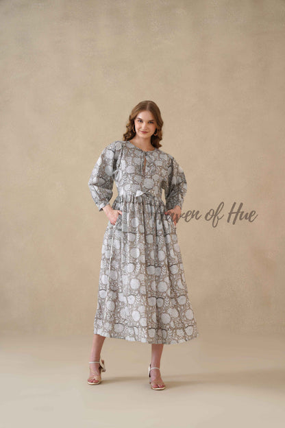 Grey Cotton Tiered Dress – Boho Floral Short Sleeve Midi