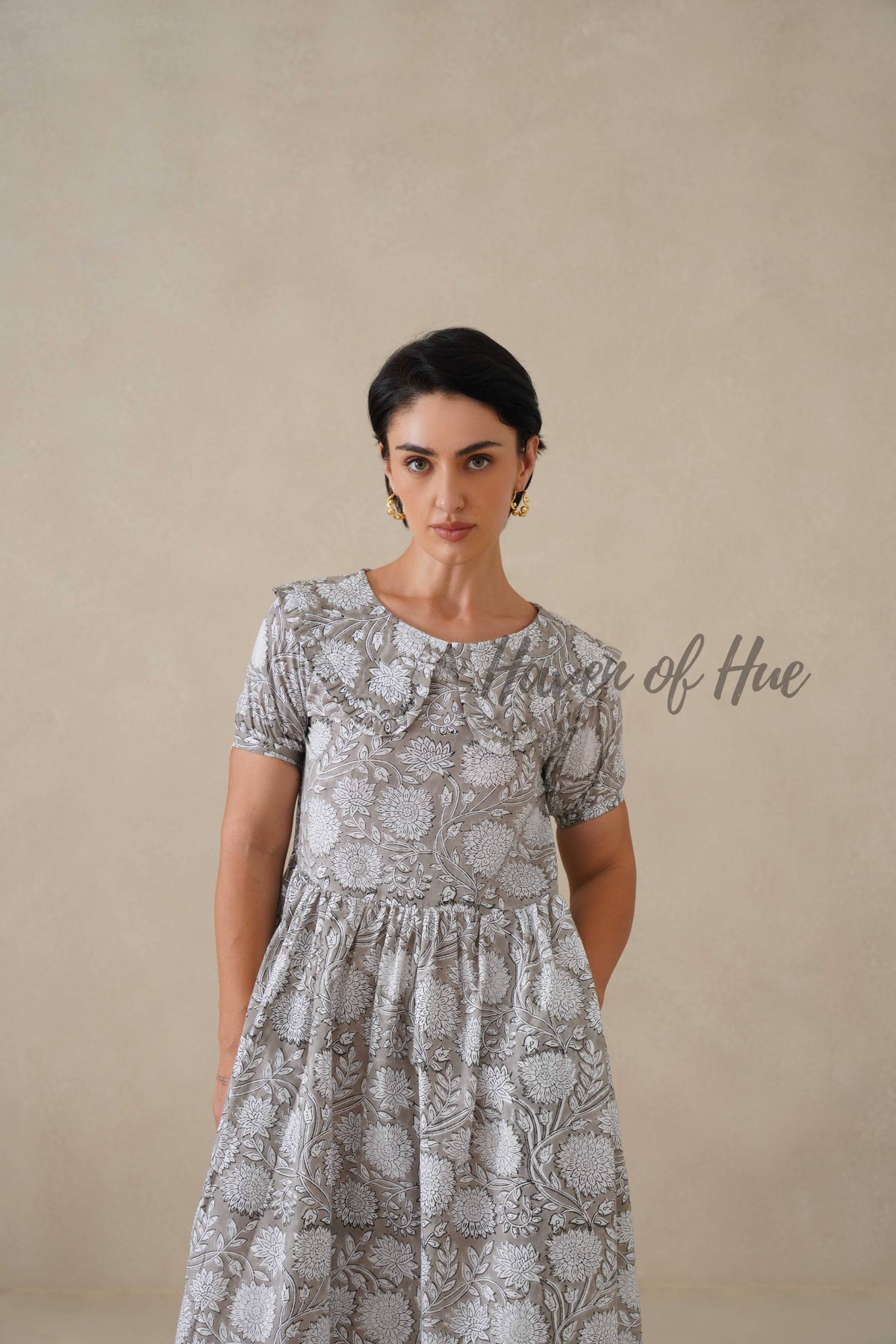 Grey Floral Cotton Dress | Vintage Ruffle Collar Midi Dress