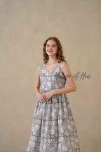 Grey Sleeveless Cotton Dress with Artisan Block Print
