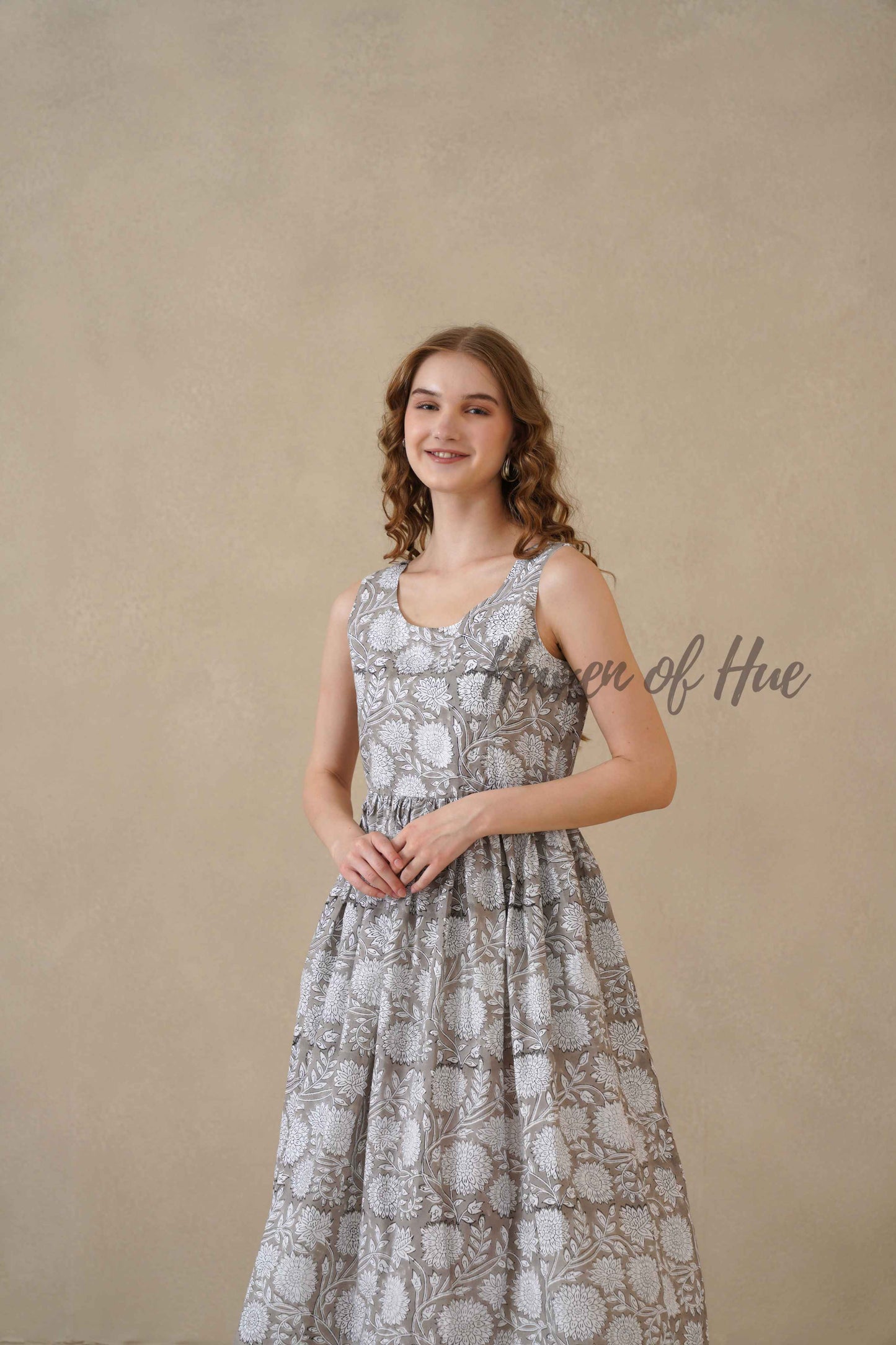 Grey Sleeveless Cotton Dress with Artisan Block Print