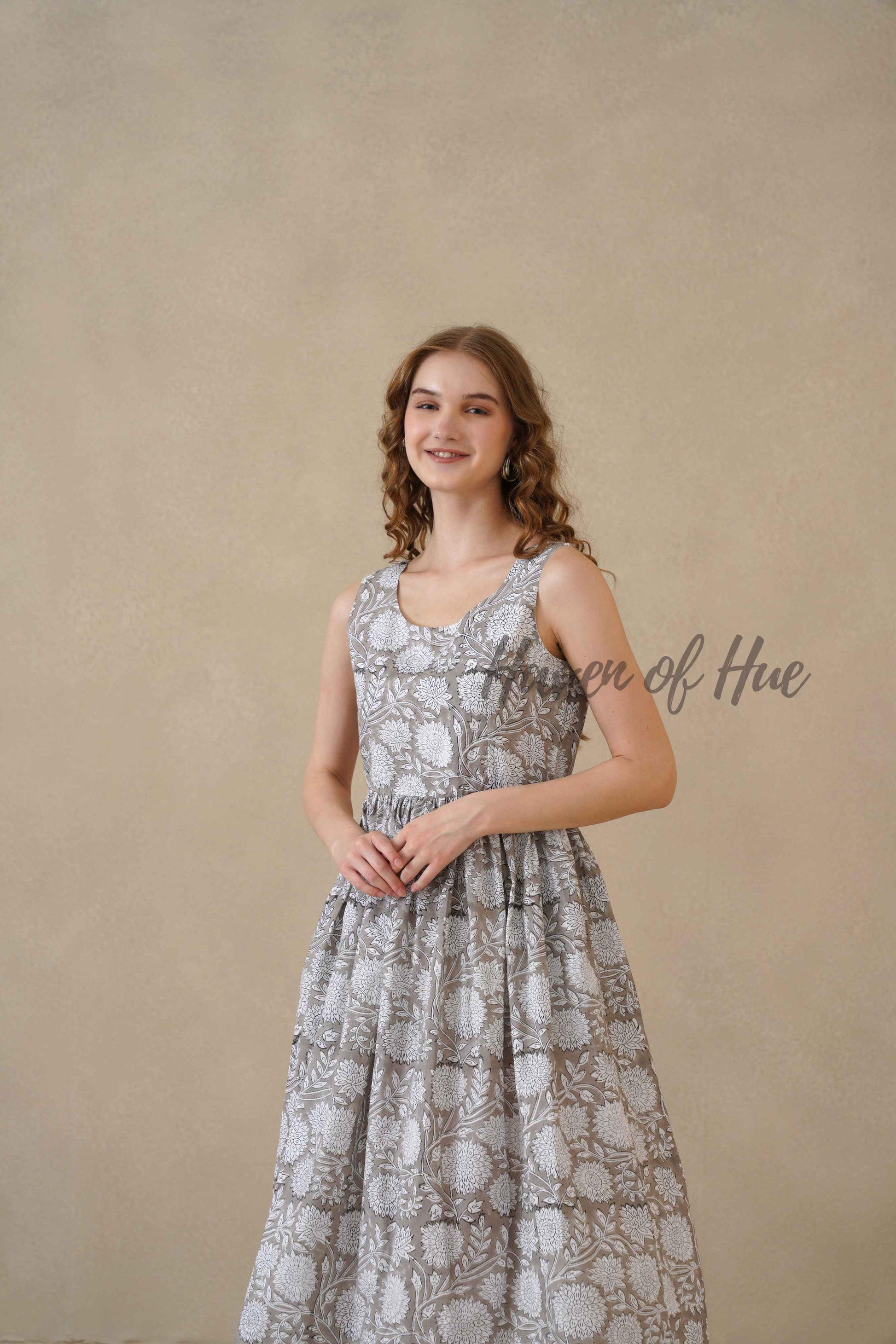 Grey Sleeveless Cotton Dress with Artisan Block Print