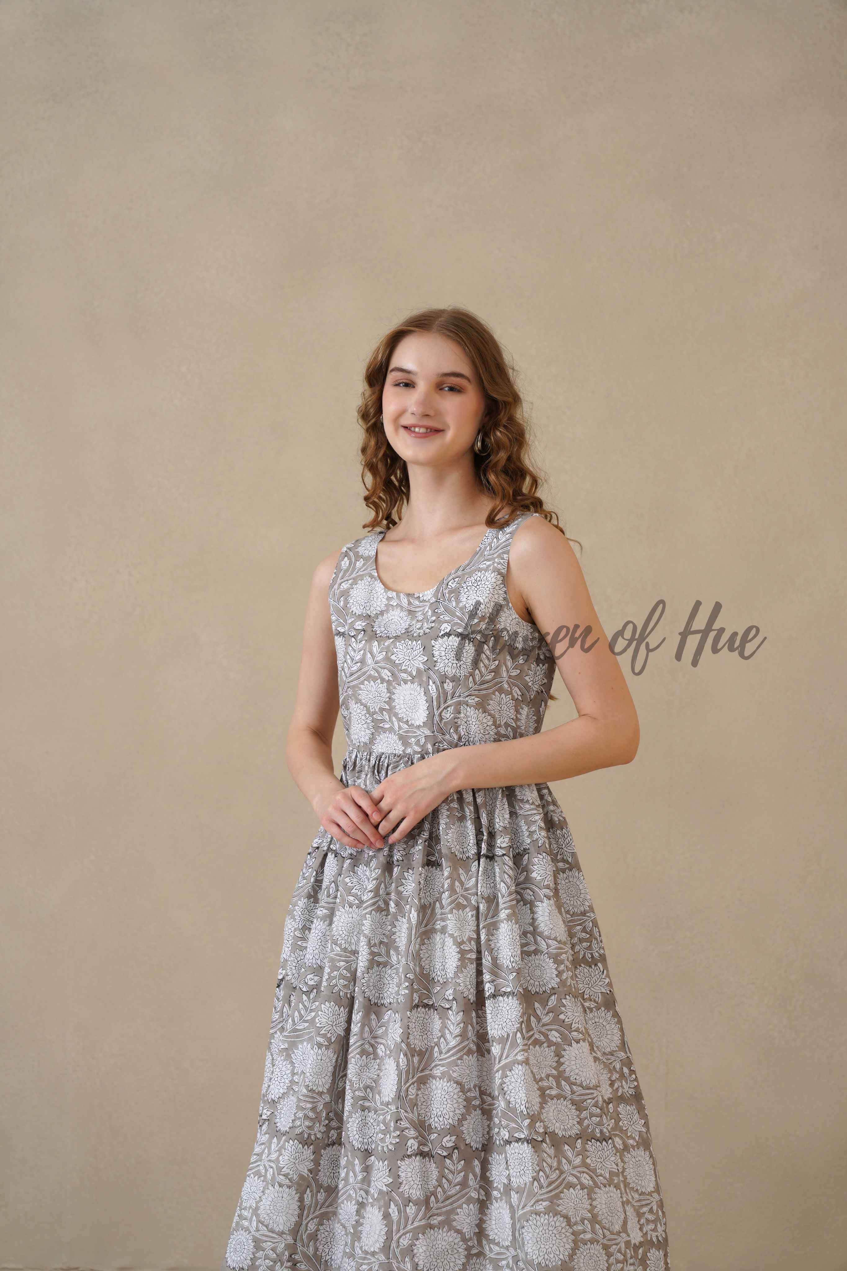 Grey Sleeveless Cotton Dress with Artisan Block Print