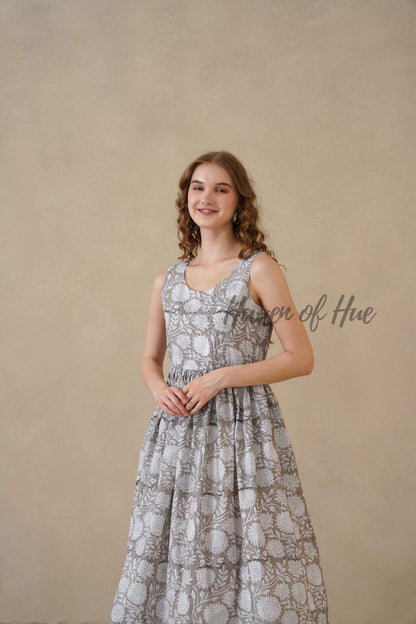 Grey Sleeveless Cotton Dress with Artisan Block Print