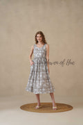 Grey Sleeveless Cotton Dress with Artisan Block Print