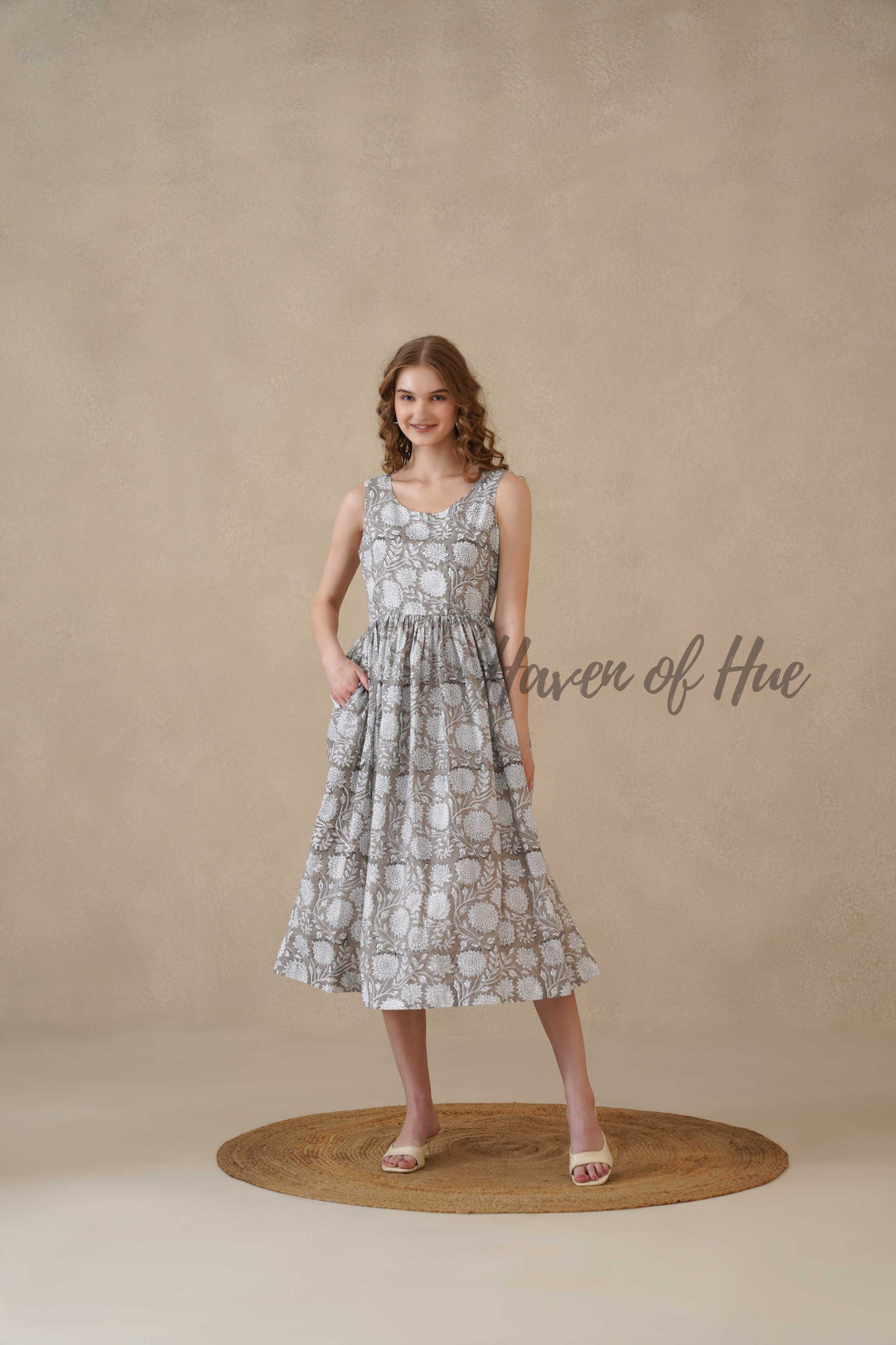 Grey Sleeveless Cotton Dress with Artisan Block Print