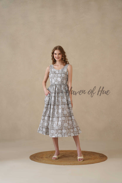 Grey Sleeveless Cotton Dress with Artisan Block Print