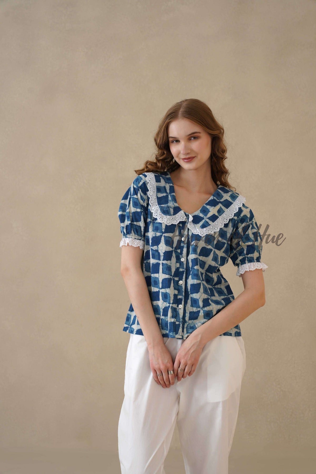 Women's Indigo Hand Block Printed Cotton Top with Lace Peter Pan Collar