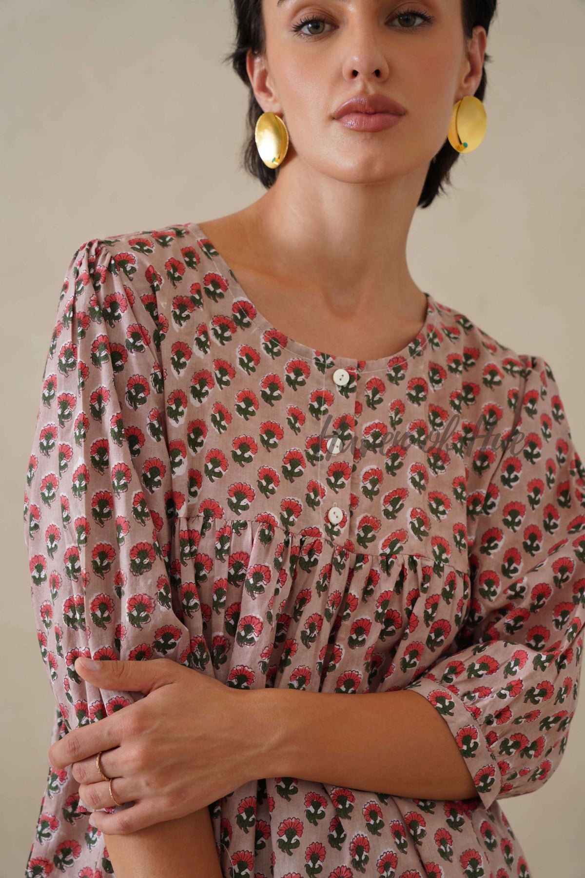 Women Cotton Tunic Top - Hand Block Printed Boho Floral Blouse