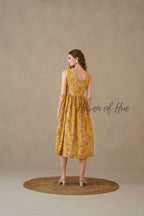Yellow Floral Midi Dress Hand Block Print Cotton