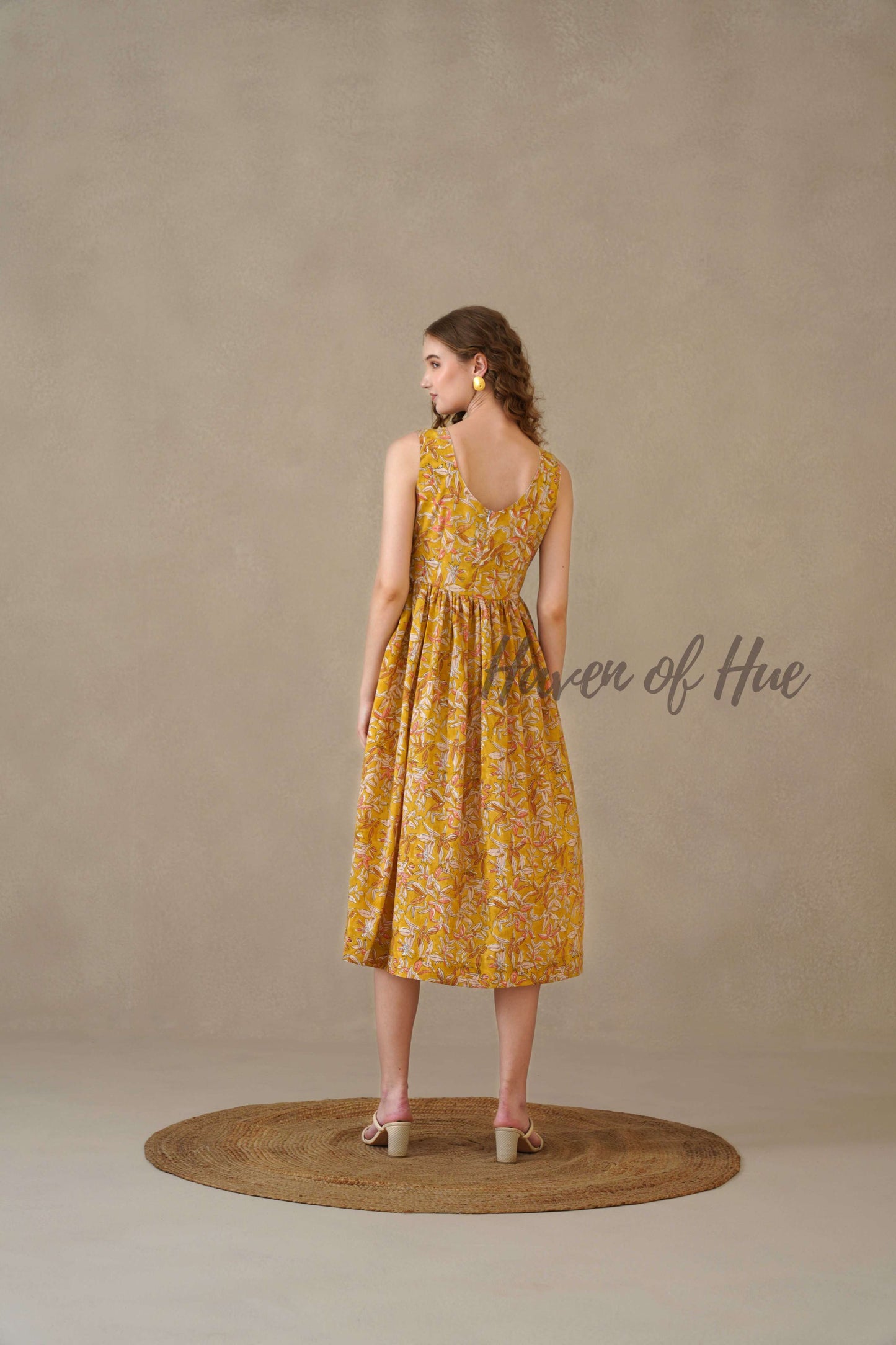 Yellow Floral Midi Dress Hand Block Print Cotton