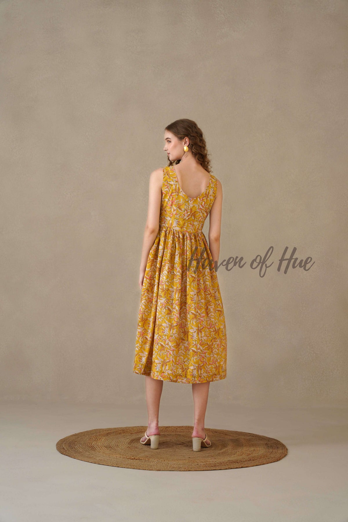 Yellow Floral Midi Dress Hand Block Print Cotton