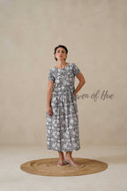 Women Cotton Tunic Top - Hand Block Print Peter Pan Collar Blouse - Grey Floral Boho Top - Artisan Crafted Relaxed Fit Summer Top