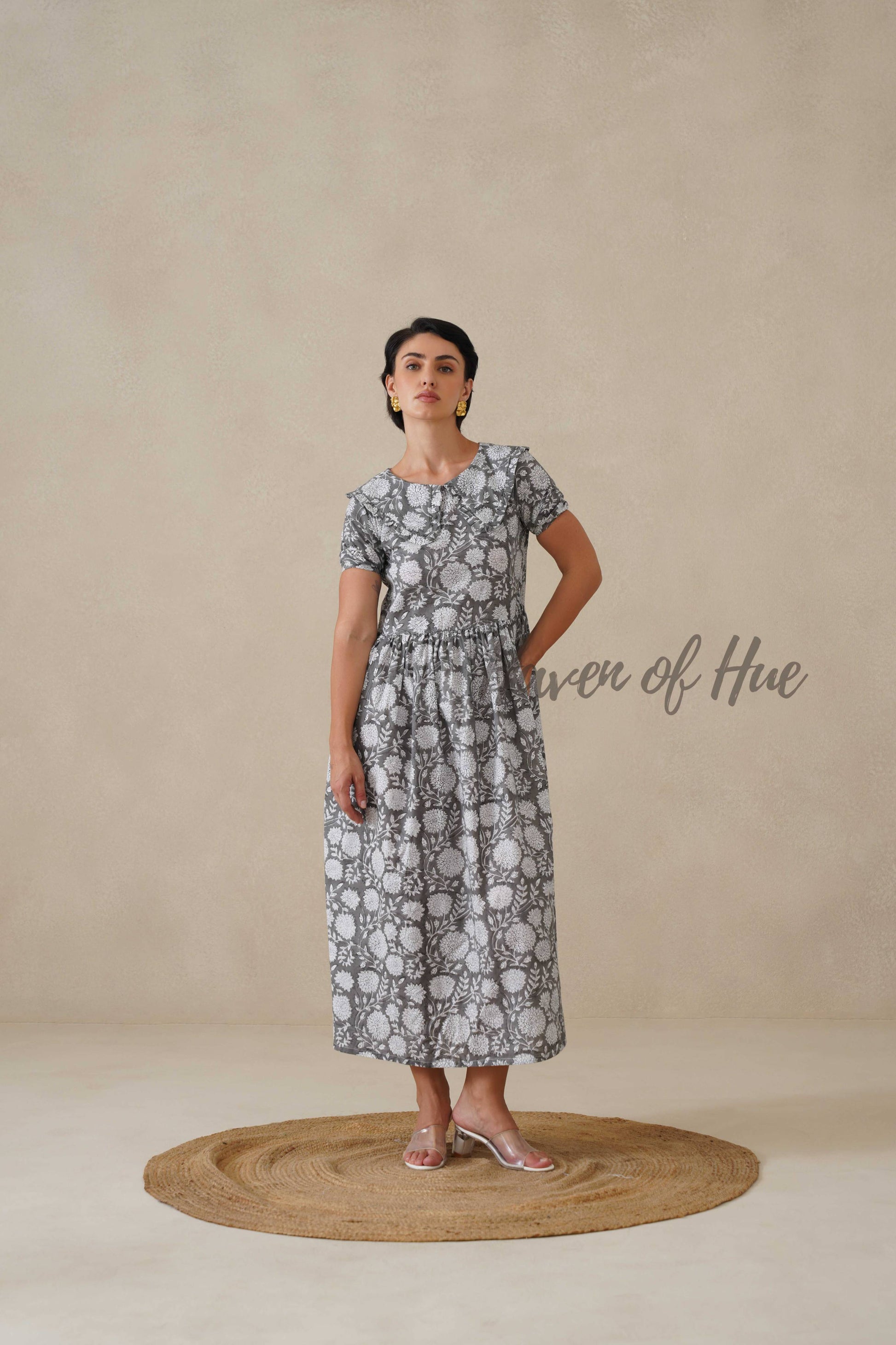 Women Cotton Tunic Top - Hand Block Print Peter Pan Collar Blouse - Grey Floral Boho Top - Artisan Crafted Relaxed Fit Summer Top