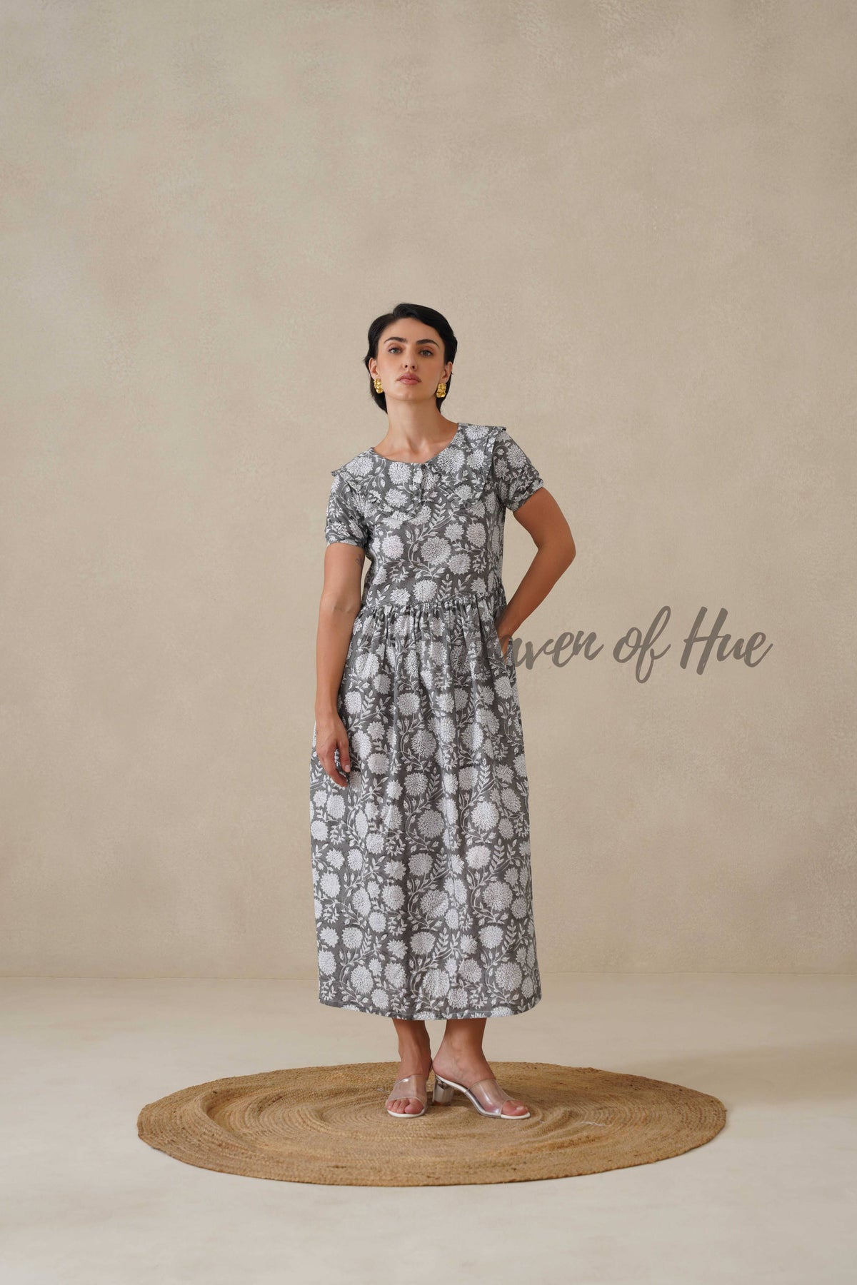 Women Cotton Tunic Top - Hand Block Print Peter Pan Collar Blouse - Grey Floral Boho Top - Artisan Crafted Relaxed Fit Summer Top