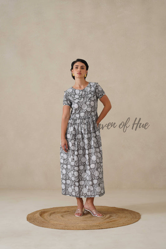 Women Cotton Tunic Top - Hand Block Print Peter Pan Collar Blouse - Grey Floral Boho Top - Artisan Crafted Relaxed Fit Summer Top