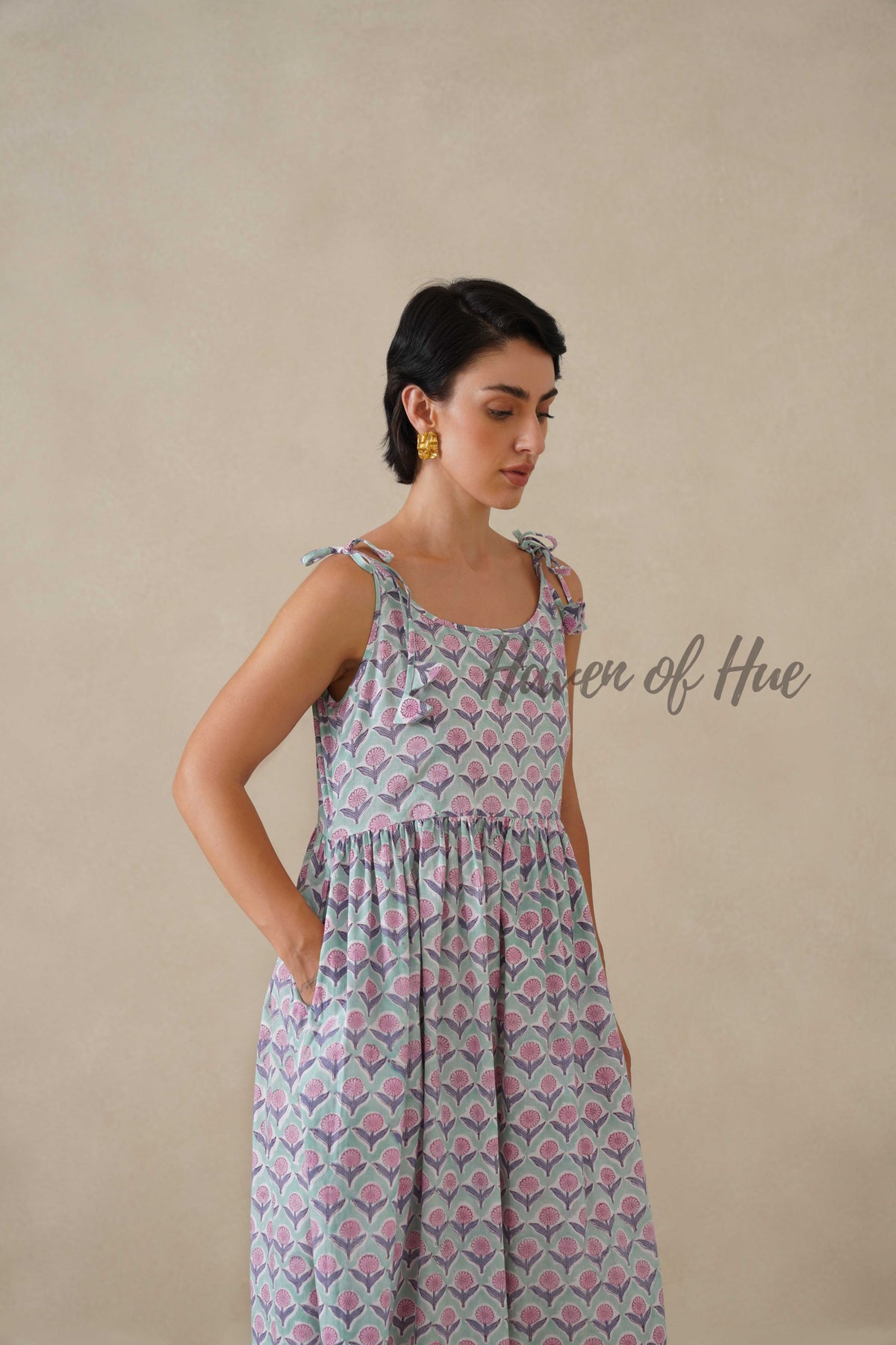 Women Cotton Tunic Top - Hand Block Print Tie-Shoulder Blouse - Floral Mint Boho Top - Artisan Relaxed Fit Sleeveless Summer Top
