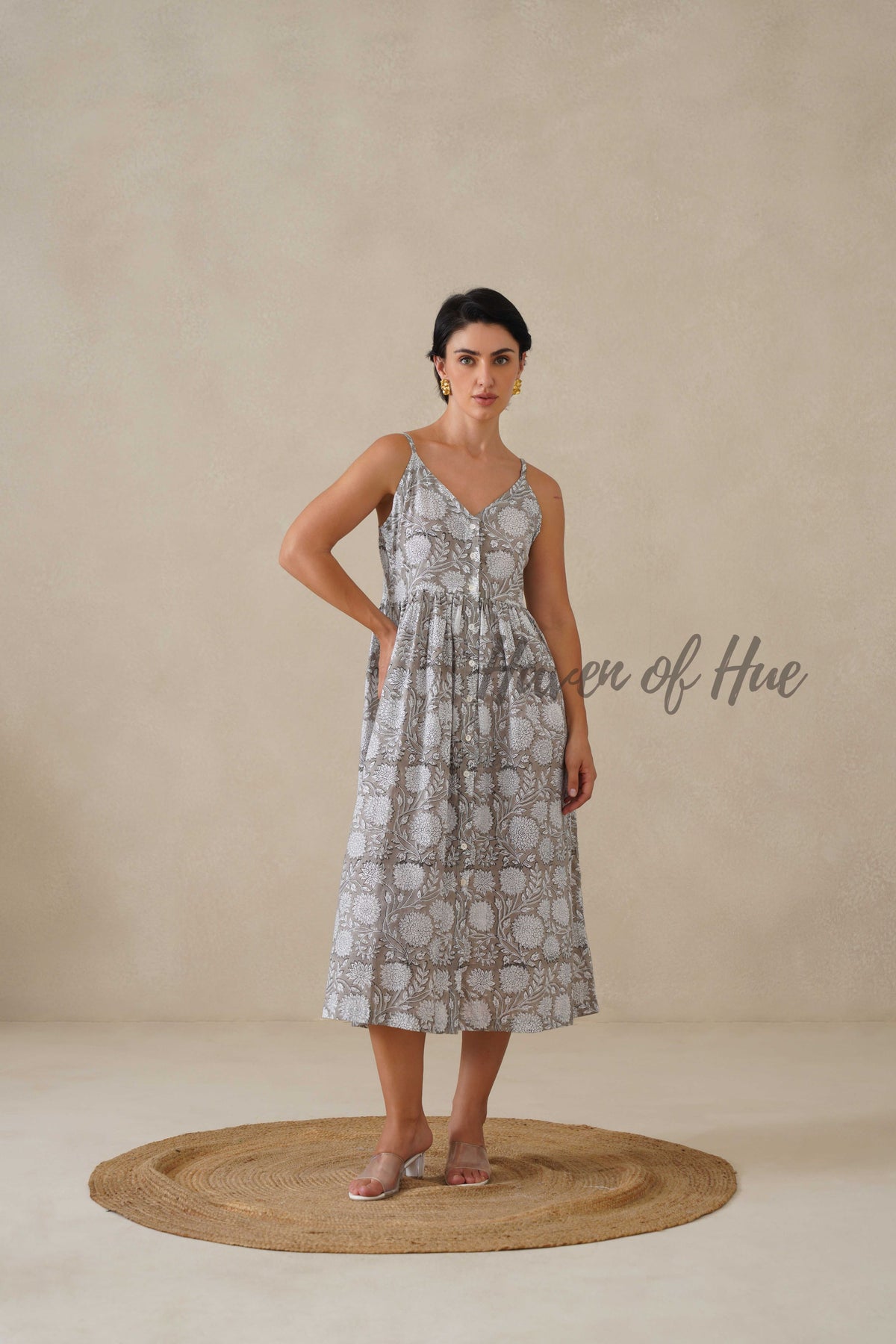 Women Cotton Tunic Top - Hand Block Print Cami Dress - Grey Floral Boho Tunic - Artisan Sleeveless Relaxed Fit Summer Dress