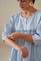 Women Cotton Tunic Top | Hand Block Print Striped Blue Top - 100% Breathable Cotton Summer Tunic