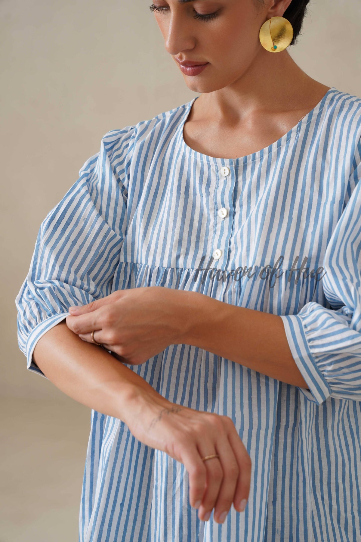 Women Cotton Tunic Top | Hand Block Print Striped Blue Top - 100% Breathable Cotton Summer Tunic