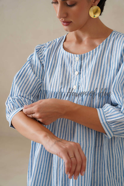 Women Cotton Tunic Top | Hand Block Print Striped Blue Top - 100% Breathable Cotton Summer Tunic