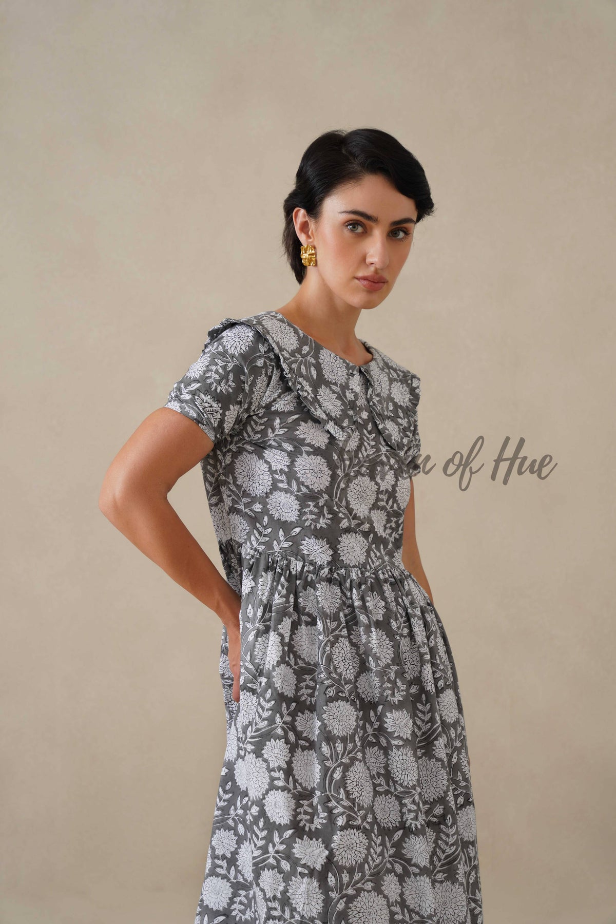 Women Cotton Tunic Top - Hand Block Print Peter Pan Collar Blouse - Grey Floral Boho Top - Artisan Crafted Relaxed Fit Summer Top