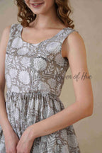 Grey Sleeveless Cotton Dress with Artisan Block Print