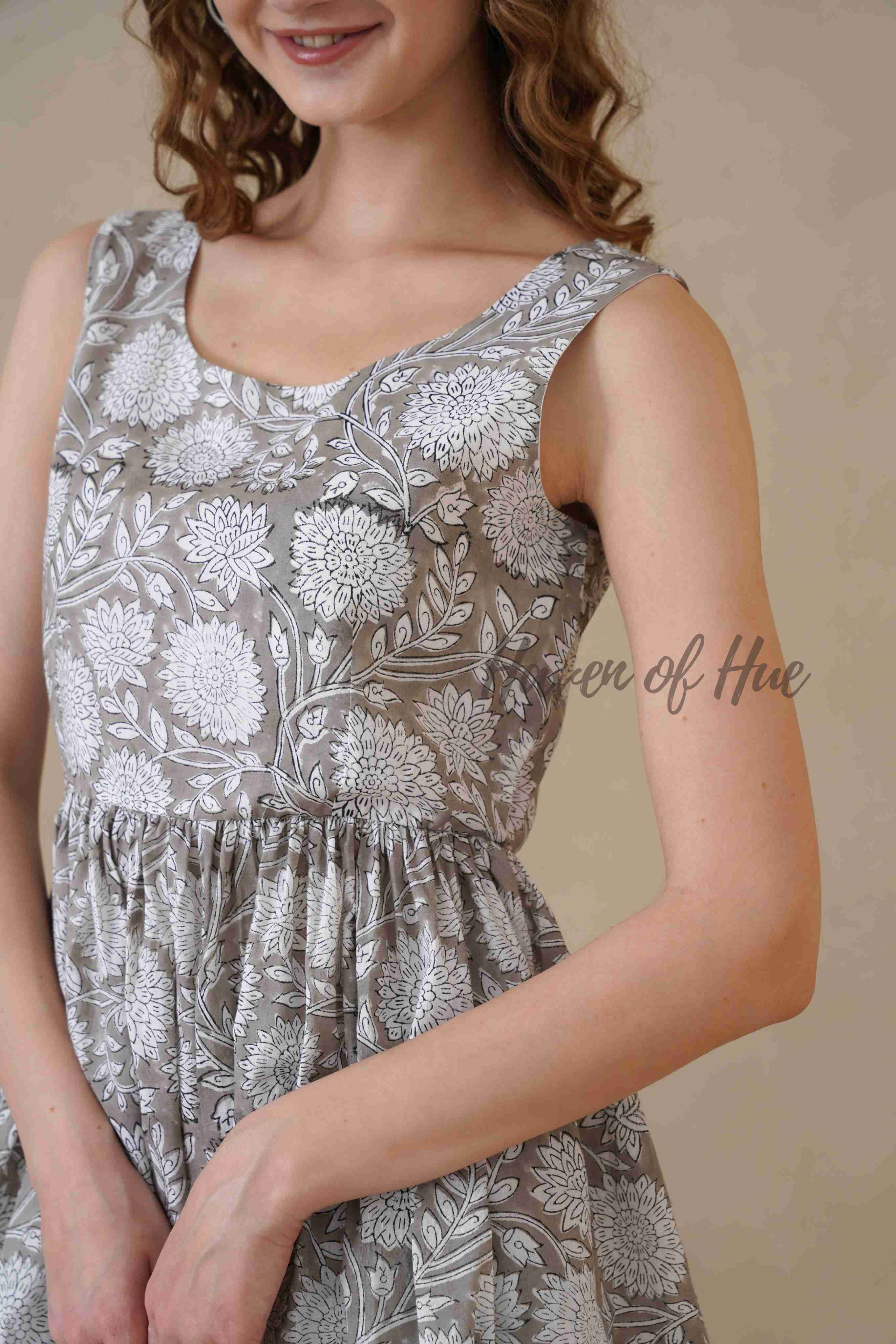 Grey Sleeveless Cotton Dress with Artisan Block Print