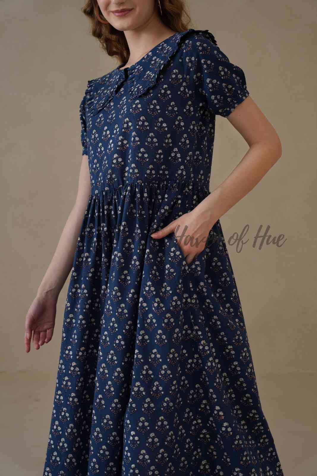 Peter Pan Collar Cotton Midi Dress, Hand Block Print Summer Dress with Pockets