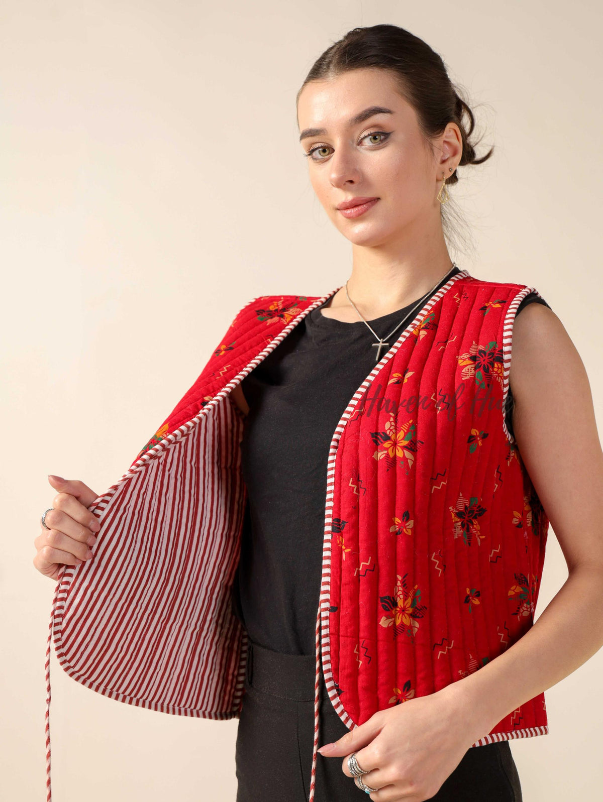 Hand Block Printed Quilted Cotton Vest Jacket Reversible Sleeveless Tie-Up Jacket