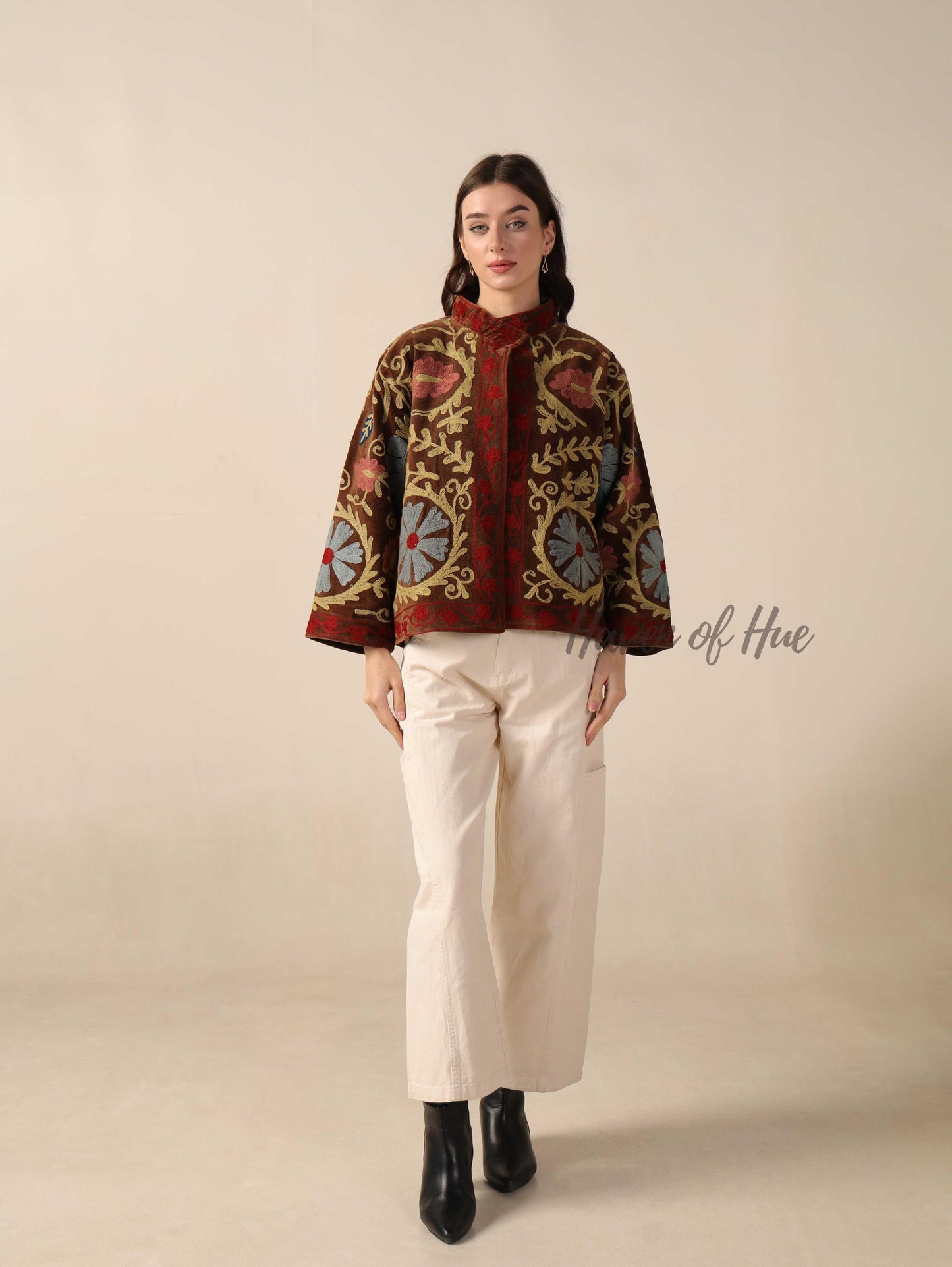 Women's Handcrafted Brown Suzani Velvet Jacket Floral Embroidered Boho Statement Coat