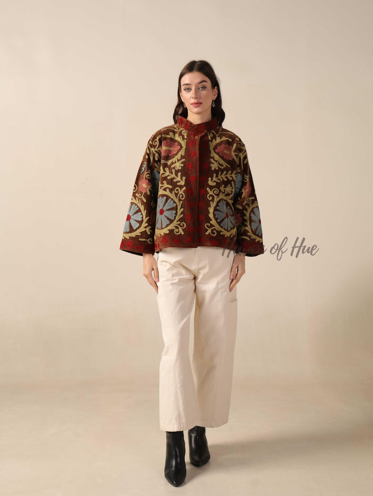 Women's Handcrafted Brown Suzani Velvet Jacket Floral Embroidered Boho Statement Coat