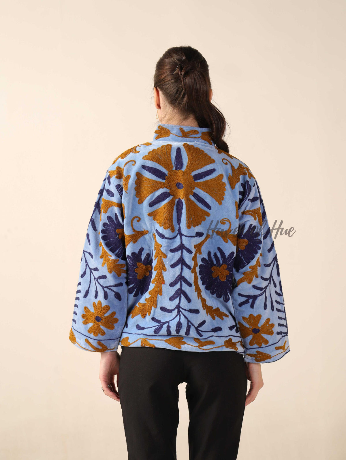 Women's Blue Suzani Velvet Jacket Boho Floral Embroidered Winter Coat