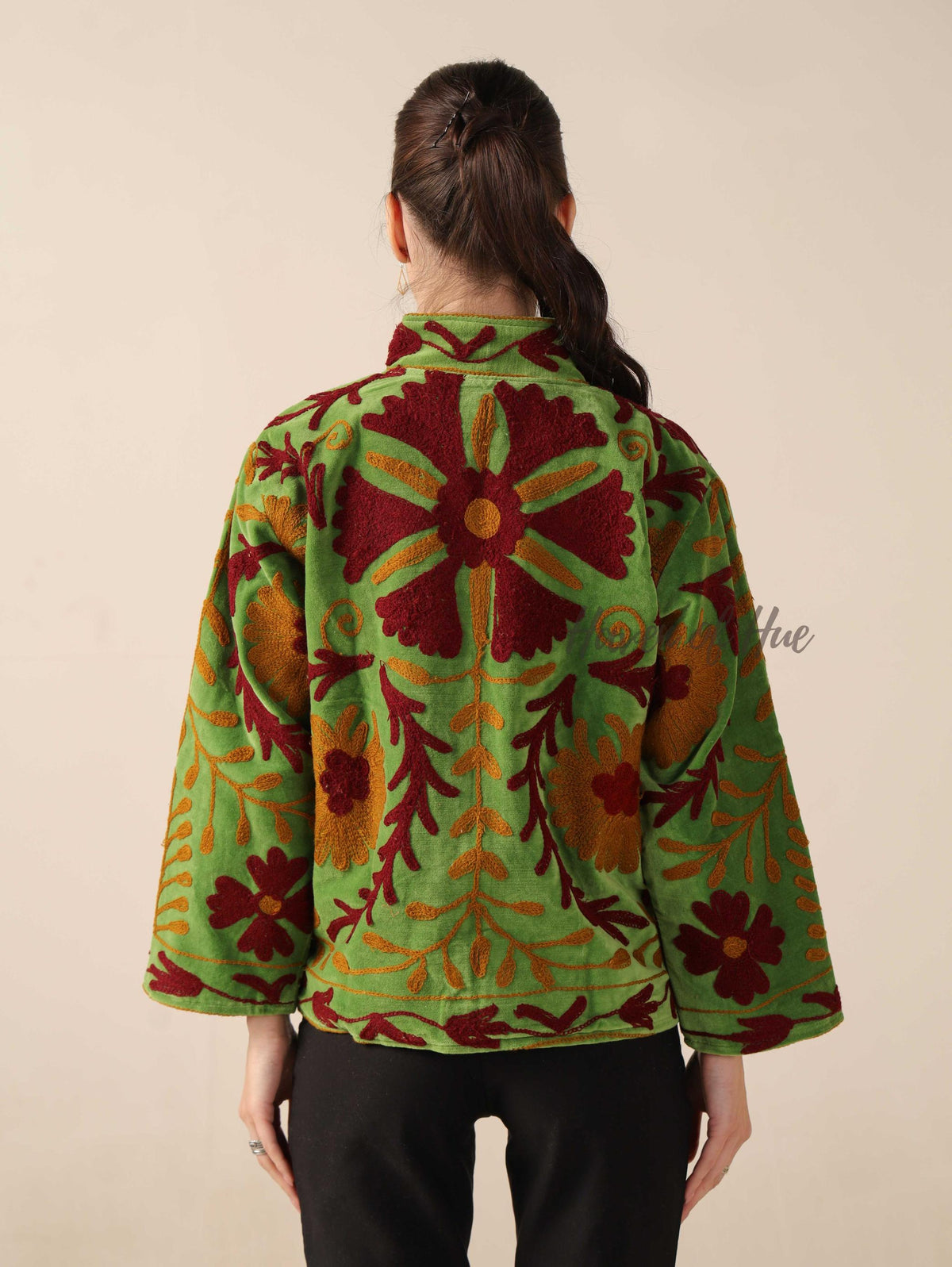 Women's Green Suzani Velvet Jacket Boho Maroon Floral Embroidered Coat