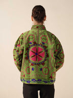 Women's Green Suzani Velvet Jacket Pink Floral Embroidered Boho Coat