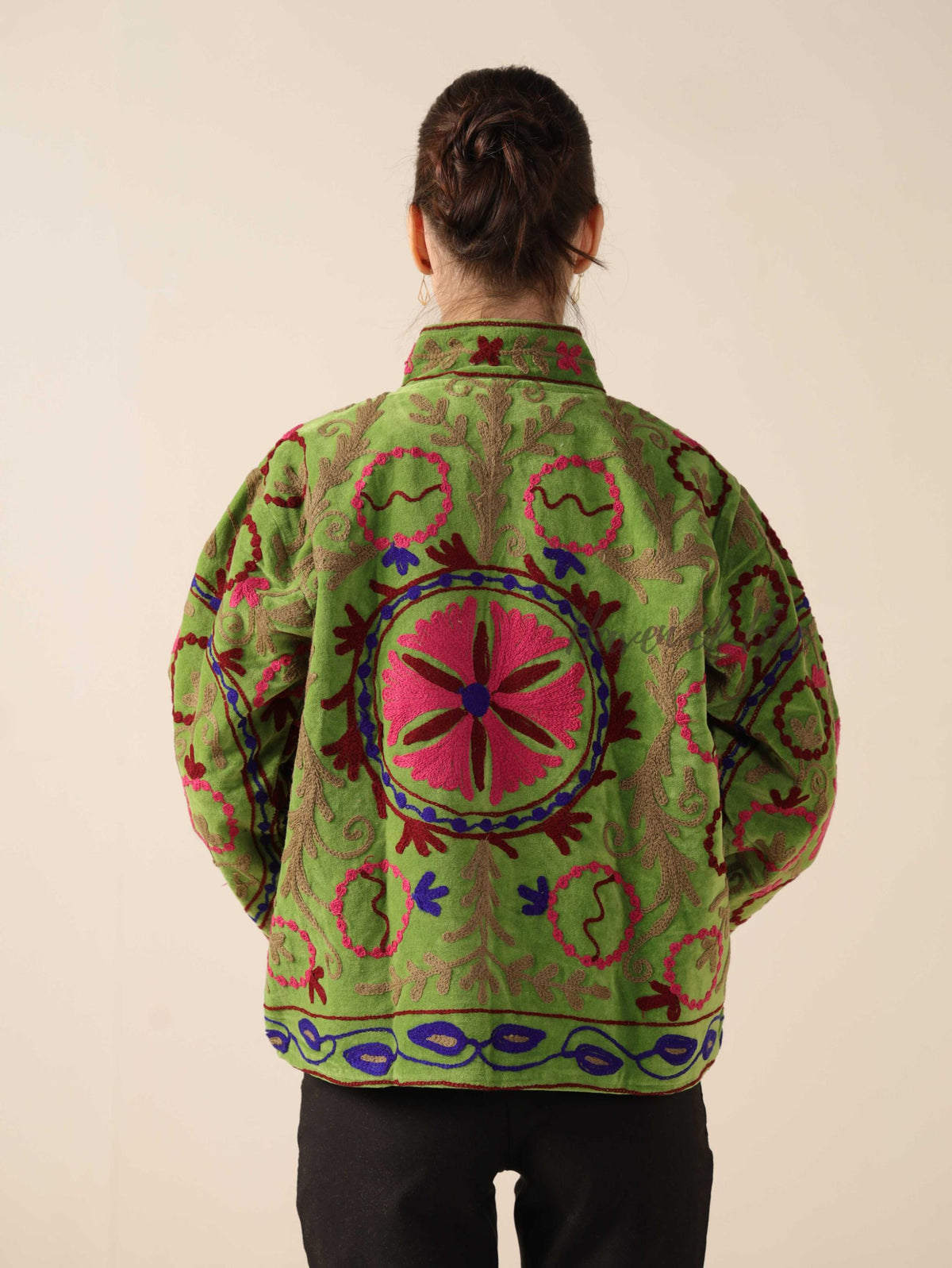 Women's Green Suzani Velvet Jacket Pink Floral Embroidered Boho Coat