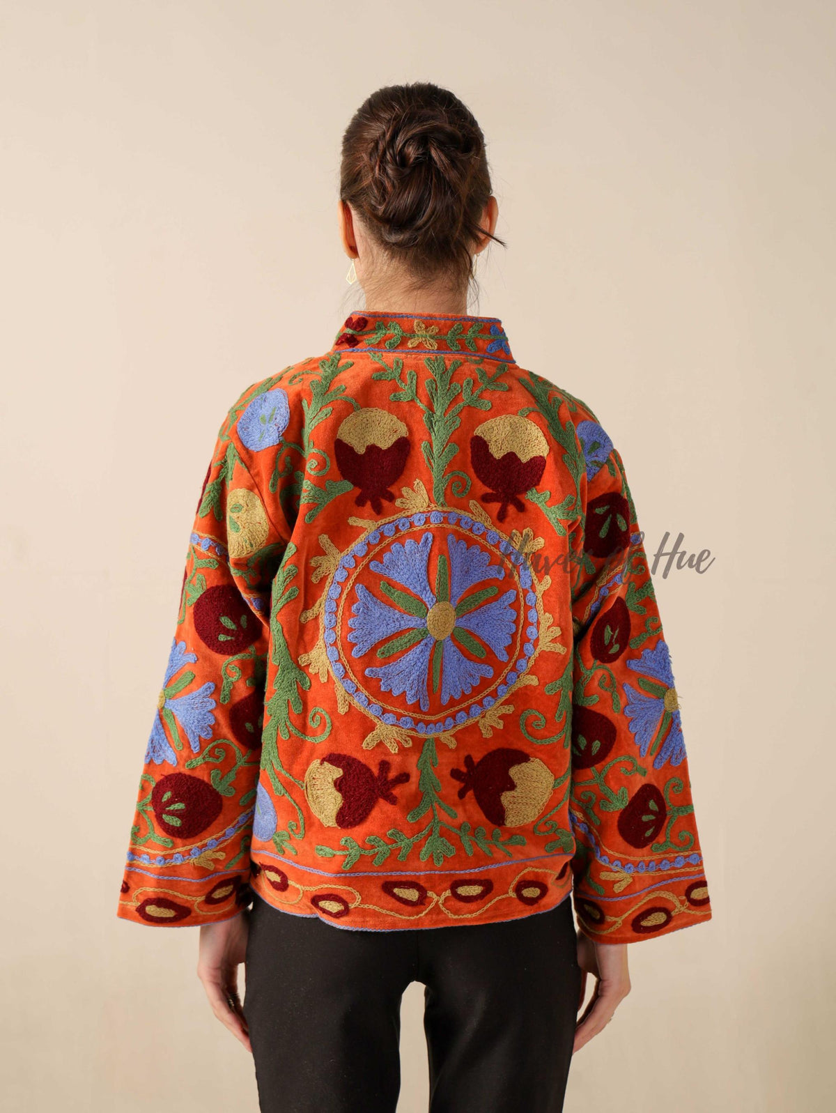 Women's Rust Orange Suzani Velvet Jacket Multi Color Embroidered Boho Coat