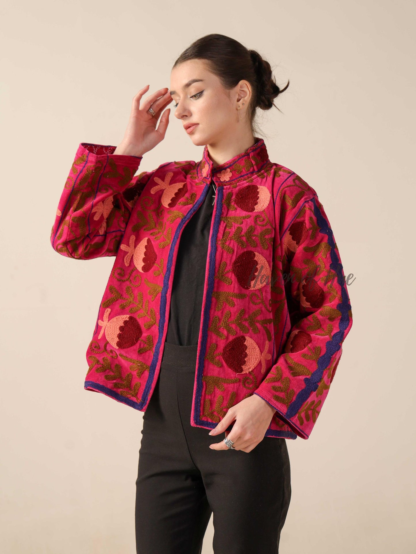 Women's Pink Suzani Velvet Jacket Maroon Floral Embroidered Boho Coat