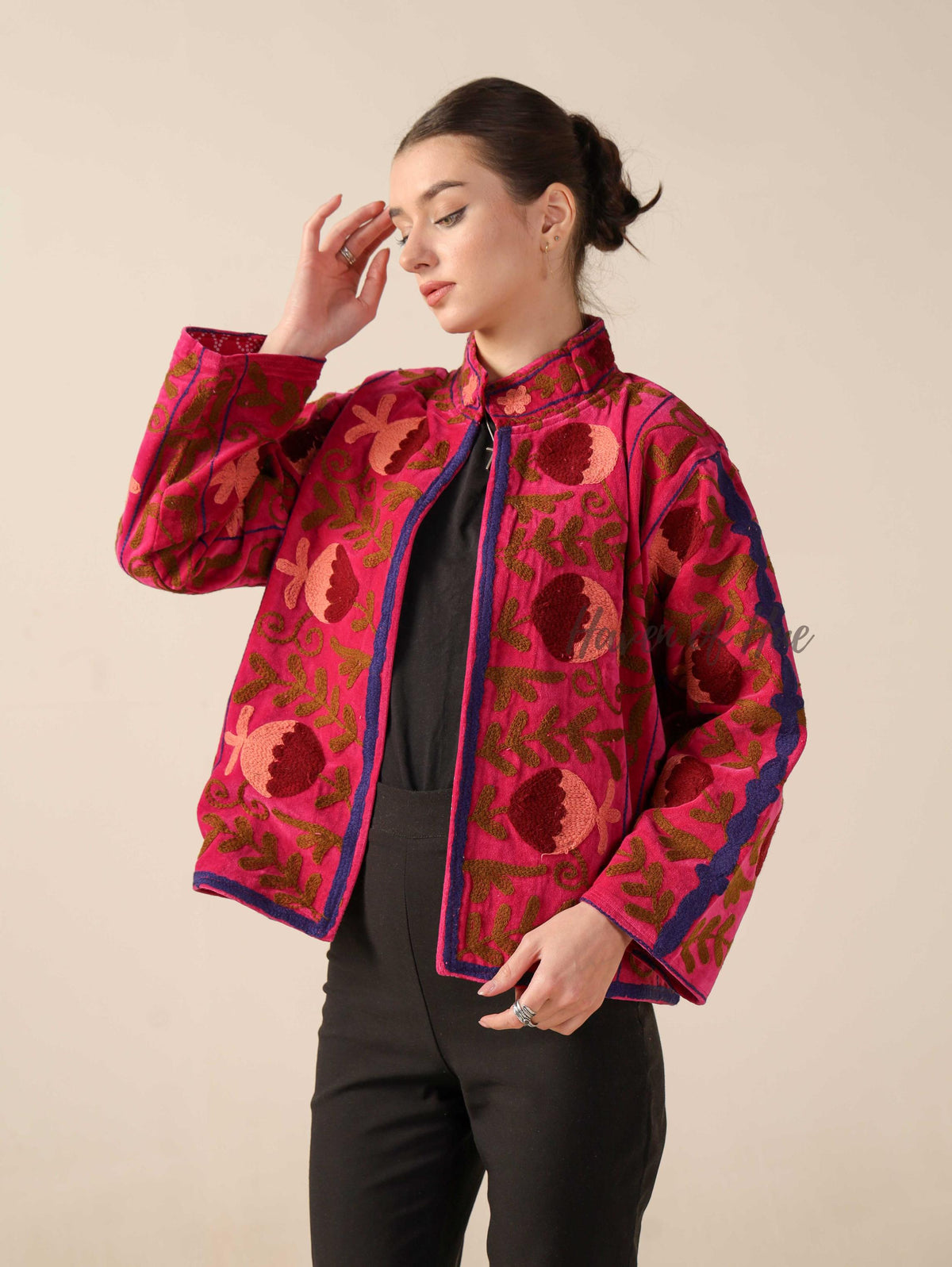 Women's Pink Suzani Velvet Jacket Maroon Floral Embroidered Boho Coat