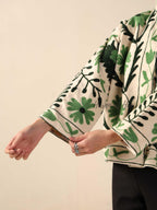 Women's White Suzani Velvet Jacket Green Floral Embroidered Boho Coat