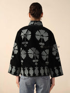 Women's Black Suzani Velvet Jacket Silver Pomegranate Embroidered Boho Coat