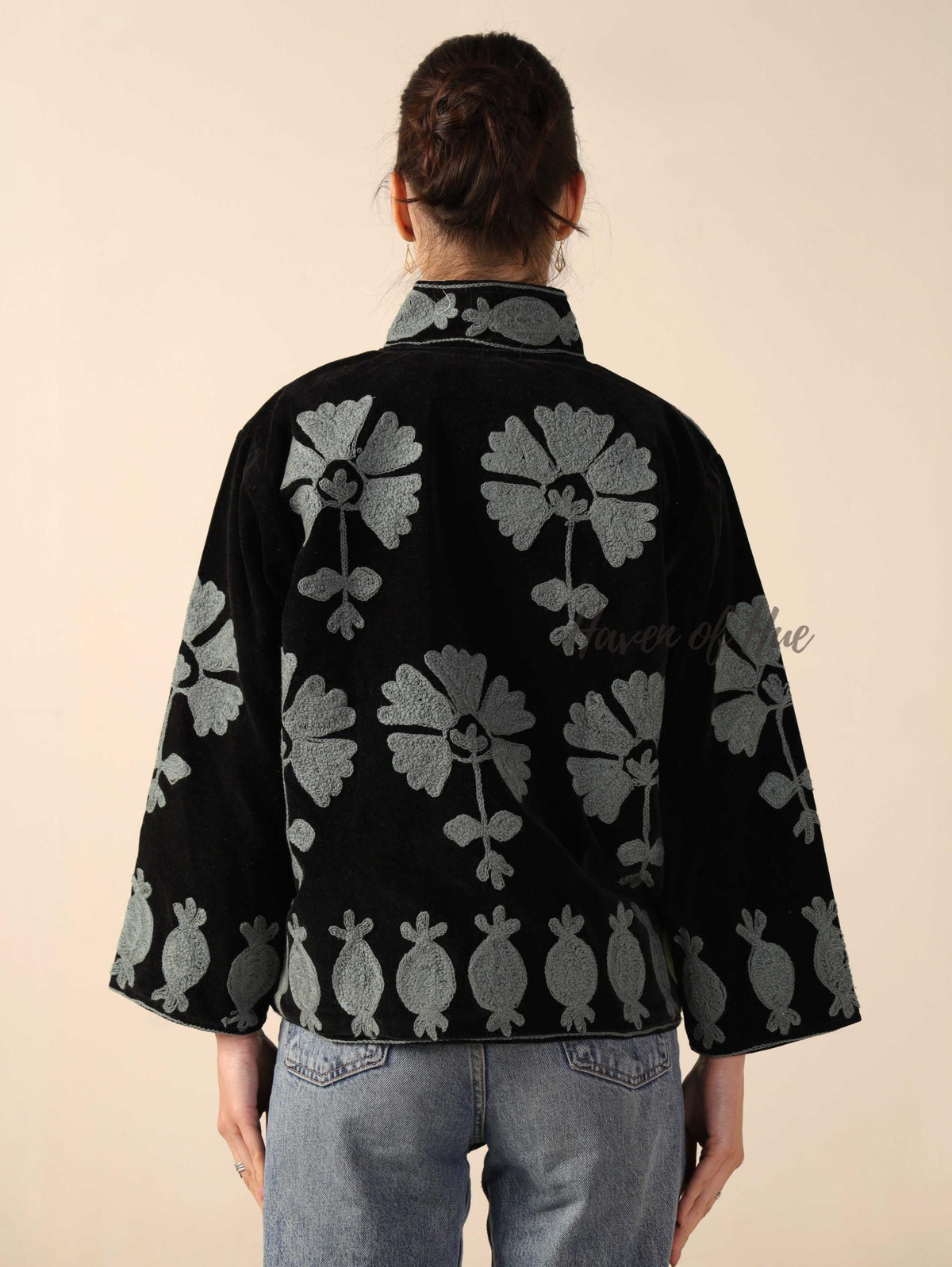 Women's Black Suzani Velvet Jacket Silver Pomegranate Embroidered Boho Coat