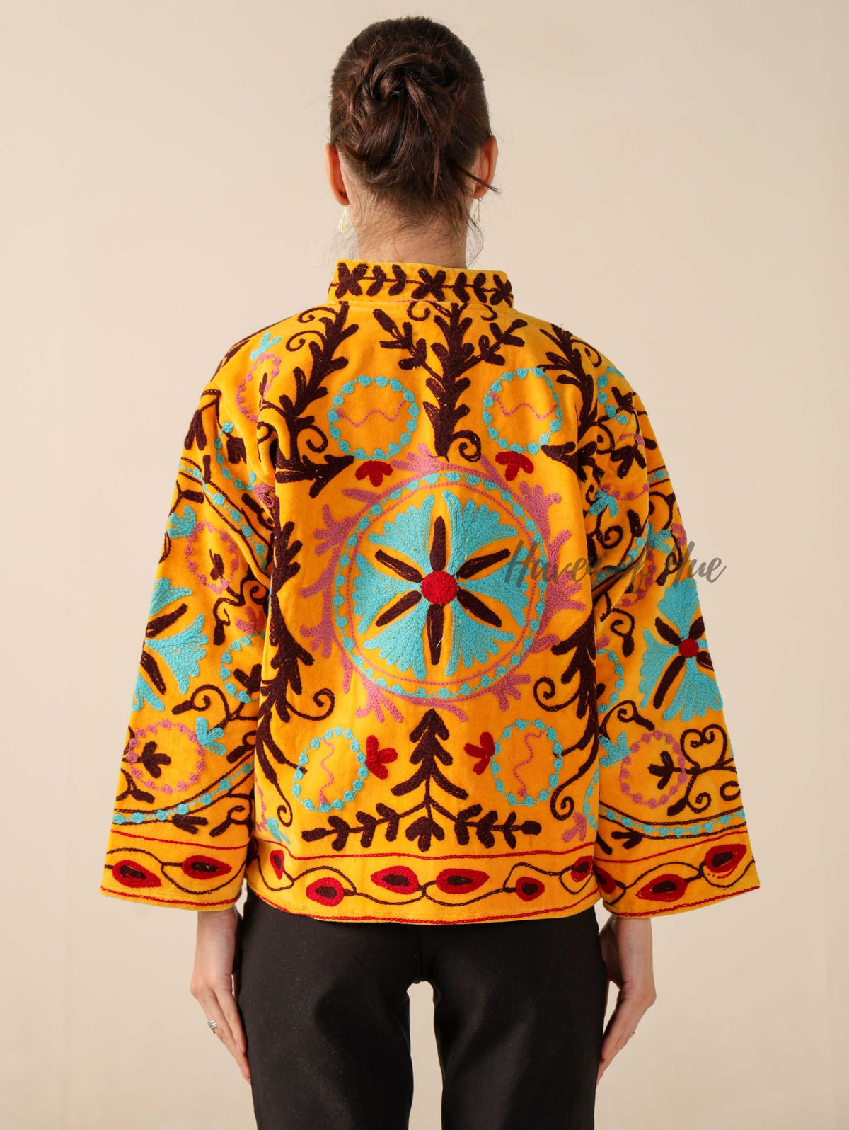 Women's Yellow Suzani Velvet Jacket Teal and Red Embroidered Boho Coat