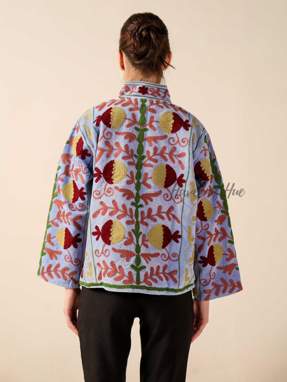 Women's Blue Suzani Velvet Jacket Red Pomegranate Embroidered Boho Coat