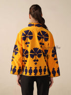 Women's Yellow Suzani Velvet Jacket Purple Pomegranate Embroidered Boho Coat