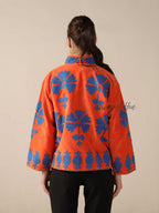 Women's Orange Suzani Velvet Jacket Blue Pomegranate Embroidered Boho Coat
