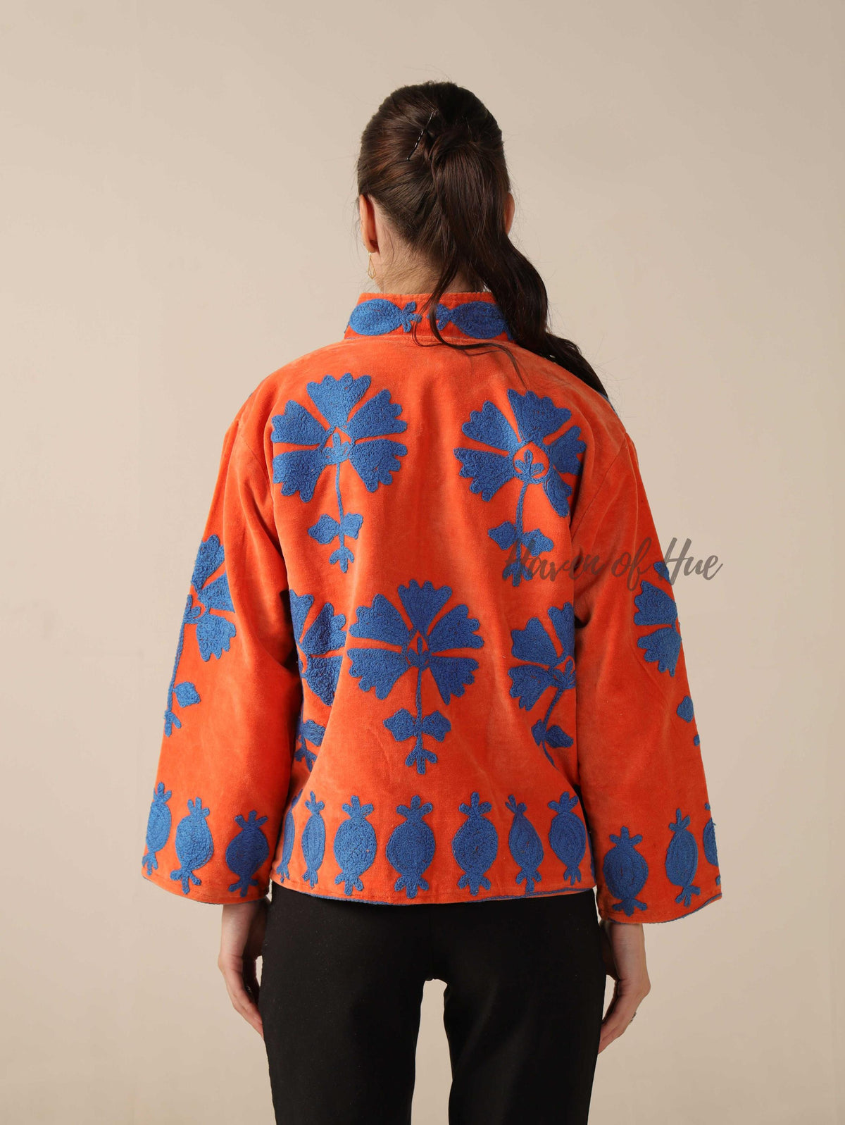 Women's Orange Suzani Velvet Jacket Blue Pomegranate Embroidered Boho Coat