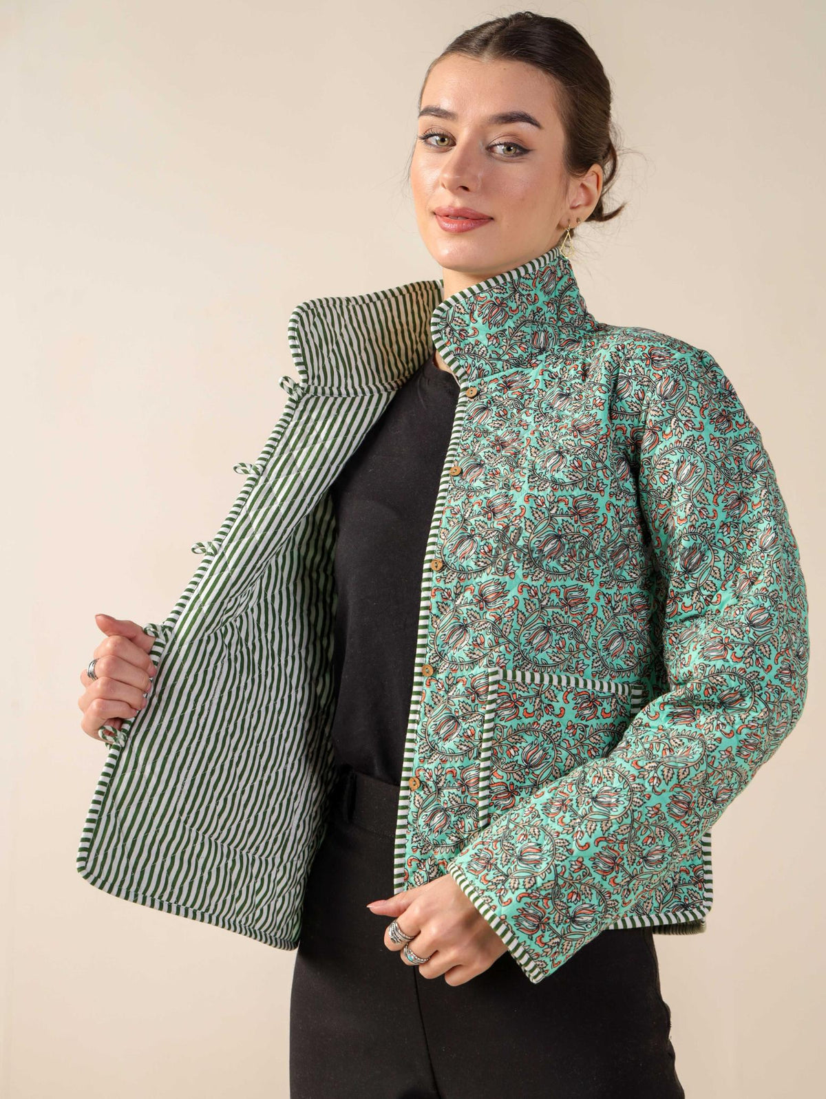 Women’s Cotton Floral Block Print Jacket Reversible Handmade Winter Short Coat With Pockets