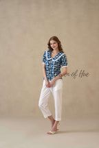 Women's Indigo Hand Block Printed Cotton Top with Lace Peter Pan Collar
