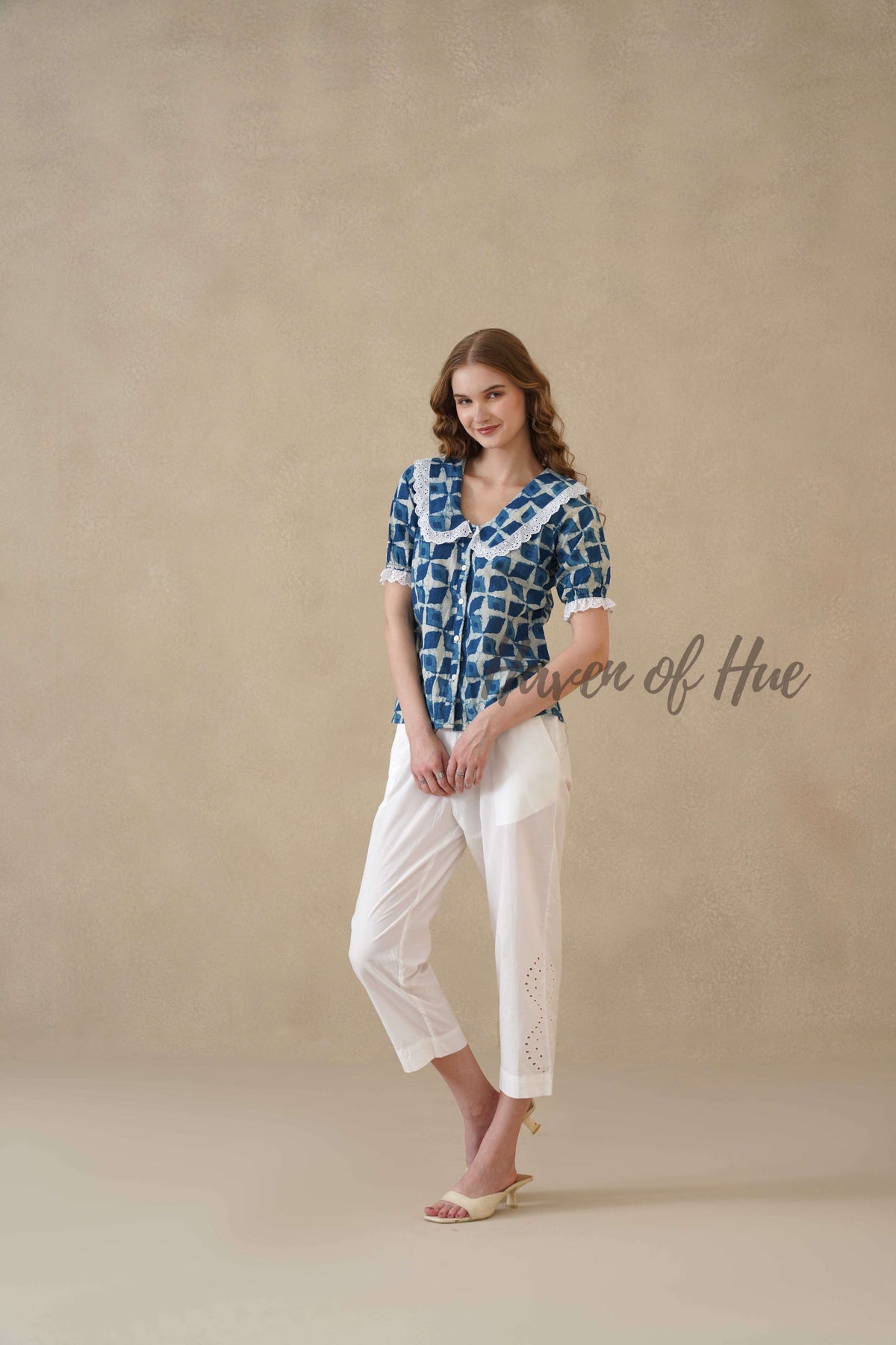 Women's Indigo Hand Block Printed Cotton Top with Lace Peter Pan Collar