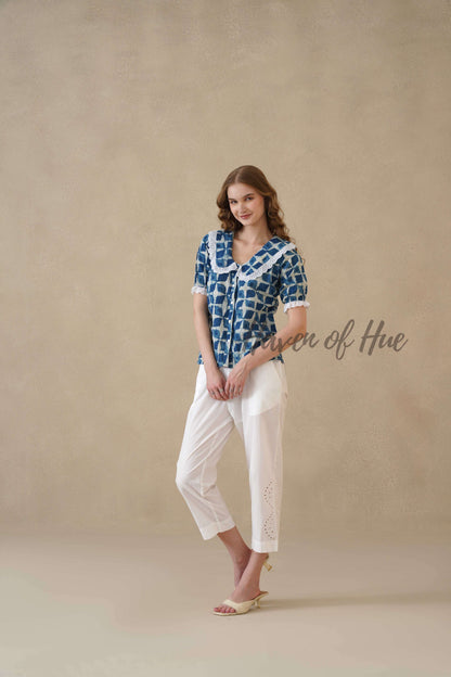 Women's Indigo Hand Block Printed Cotton Top with Lace Peter Pan Collar